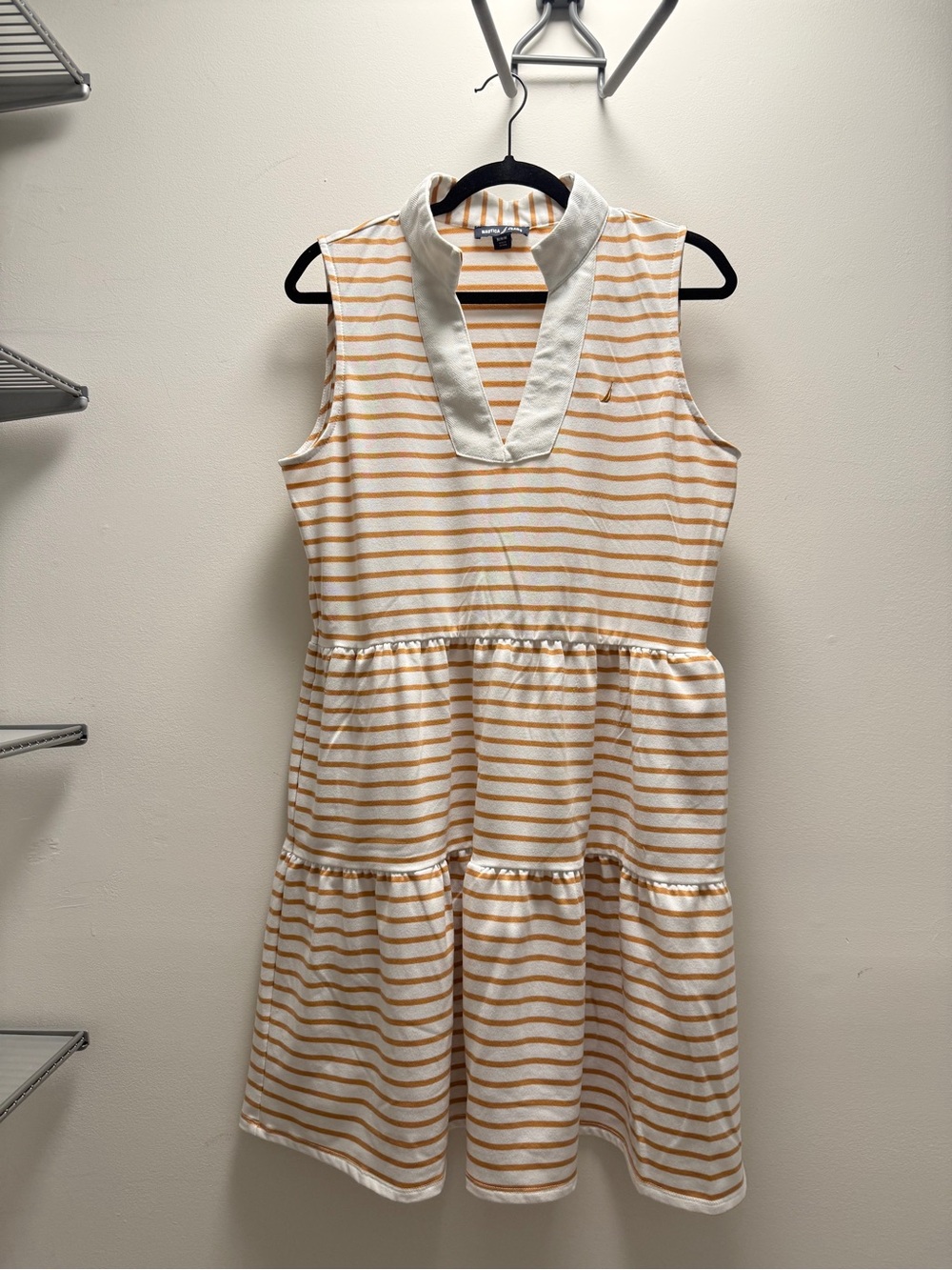 Nautica Striped Dress in White and Mustard-y/orange with POCKETS!